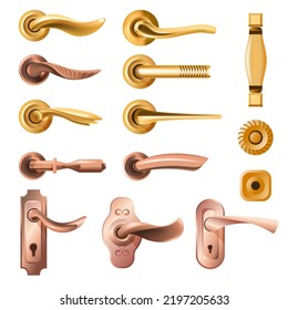 Simple and elegant design of door knobs and handles. Isolated variety set. Holders and holes, part of the construction. Decorative elements and carvings on metal material. Vector in flat style