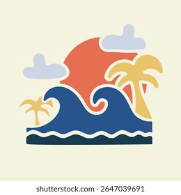 Simple elegant design for summer vibes of waves and palm trees on the beach for t shirt badge and sticker