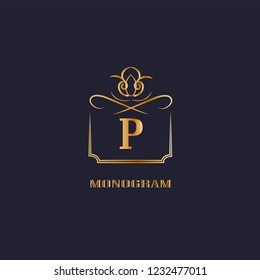 A simple and elegant design template for a golden monogram with the letter P. Logo design for royalty, business cards, boutique, hotel, heraldry, web design. Vector illustration