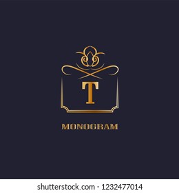 A simple and elegant design template for a golden monogram with the letter T. Logo design for royalty, business cards, boutique, hotel, heraldry, web design. Vector illustration