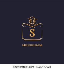 A simple and elegant design template for a golden monogram with the letter S. Logo design for royalty, business cards, boutique, hotel, heraldry, web design. Vector illustration