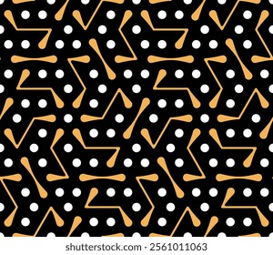 Simple and elegant dotted pattern with small white dots and decorative yellow lines on a black background a contemporary ethnic design. Seamless geometric pattern. Abstract vector illustration.