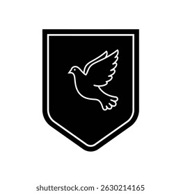 Simple elegant dove illustration within shield shape representing peace and freedom concept