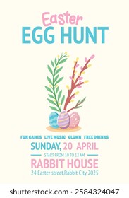 A simple and elegant Easter egg hunt poster featuring decorated eggs and fresh spring branches. Perfect for seasonal invitations, greeting cards, and digital designs.