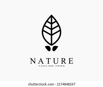 Simple elegant ecology natural logo. Single leaf icon with black. Suitable vector illustration for botanic, garden, agriculture.