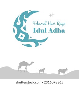 Simple, elegant Eid Al Adha Islamic festival. Greeting card with sacrificial lamb, camel, cow and crescent moon on white background. Eid square design. Vector illustration.