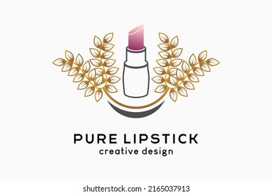 A simple and elegant feminine logo for makeup or cosmetics, lipstick with leaves combined with a smiley lips icon