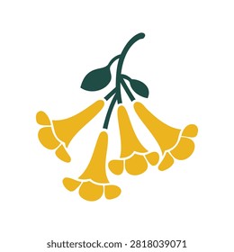 Simple, elegant flat vector illustration of a small branch with hanging yellow trumpet flowers and green leaves. Perfect for tropical botanical designs, invitations, and natural aesthetics.