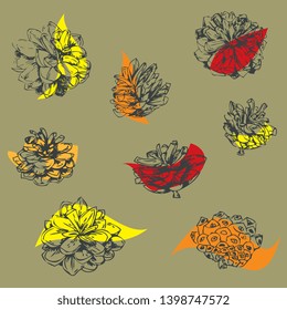 Simple and elegant floral autumn design. Decorative elements made of graphical sketch of grapical pine cones. Botanical design for wedding cards and decorations. Color spots with grapical pine cones. 
