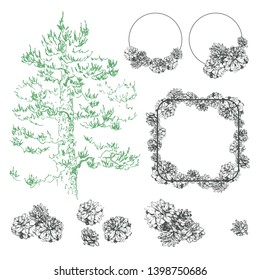 Simple and elegant floral decorative elements made of graphical sketch of pine cones. Botanical design for wedding cards and decorations. Grapical pine cones groups. Wreath. Set of pinecones. Lineart