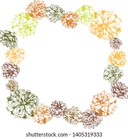 Simple and elegant floral decorative elements made of graphical sketch of pine cones. Botanical design for wedding cards and decorations. Grapical pine cones groups. Wreath. Set of pinecones. Lineart