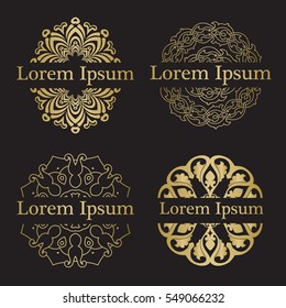 Simple and elegant floral monograms and vignettes in gold color on black background. For logo, business sign, corporate identity