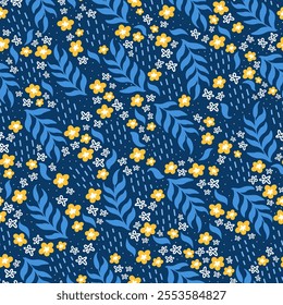 A simple and elegant floral pattern featuring delicate white and yellow flowers and blue leaves on a dark blue background. Perfect for various design projects, including textiles, wallpaper