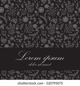 Simple and elegant flower background with horizontal place for text,  white lines on black. Vector illustration.