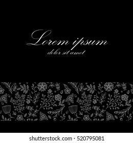 Simple and elegant flower background with horizontal place for text,  white lines on black. Vector illustration.