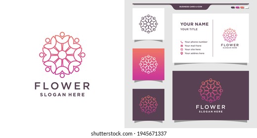 Logo floral sencillo y elegante con estilo de arte lineal y tarjeta de visita. Diseño de logotipos para belleza, cosméticos y spa. diseño de tarjeta de negocios Vector Premium