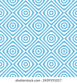 Composición geométrica simple y elegante de cuadrados concéntricos y círculos en blanco y azul claro. Diseño de estilo moderno abstracto. Patrón de repetición sin fisuras. 