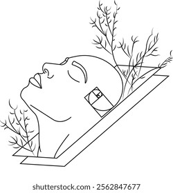 Simple elegant girl with nature and futuristic decoration.  Black and white. Line vector art of beautiful woman with boho plants and golden ratio. Illustration, vector