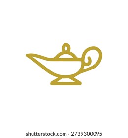 A simple and elegant gold outline icon of a magic lamp or genie lamp. This vector illustration on a white background symbolizes wishes, fantasy, and luck.