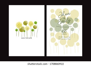 Simple and elegant green leaf wedding invitation card with white base. vector