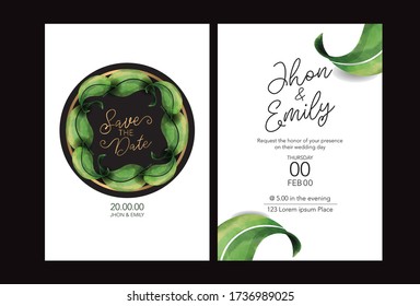 Simple and elegant green leaf wedding invitation card with white base. vecto