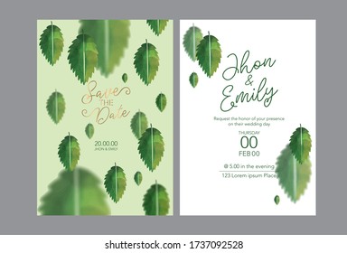 Simple and elegant green leaf wedding invitation card with white base. vector