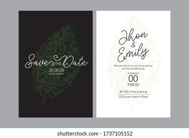 Simple and elegant green leaf wedding invitation card with white base. vector