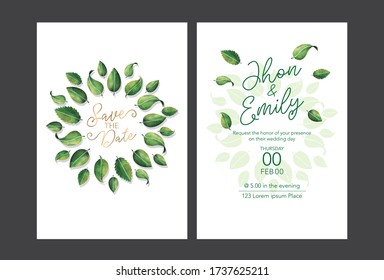 Simple and elegant green leaf wedding invitation card with white base. vector