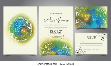 Tarjeta de invitación a la boda verde, sencilla y elegante, con base blanca. vector