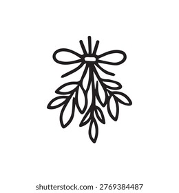 A simple elegant hand drawn outline of a mistletoe sprig tied with a bow perfect for Christmas winter and holiday designs and greetings