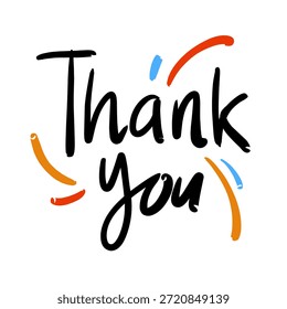 Um design simples e elegante com letras de mão "Thank You", apresentando texto de script preto e pinceladas coloridas decorativas. Perfeito para expressar gratidão e apreço.
