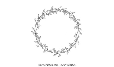 A simple and elegant hand-drawn circular wreath of delicate leaves and sprigs in a minimalist black and white line art style.
