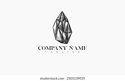 A simple, elegant hand-drawn illustration of a crystal with a company name and tagline.