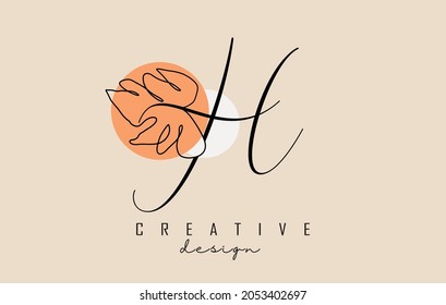 Diseño sencillo y elegante del logotipo de la letra H escrita a mano con el barniz de una línea de la hoja de Monstera y dos ilustraciones vectoriales de círculos. Icono creativo y minimalista.