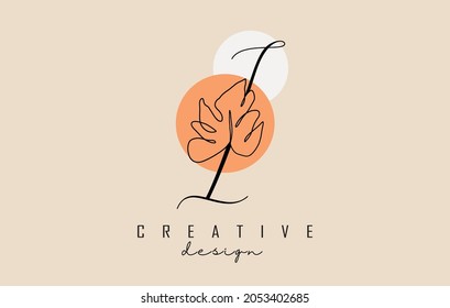 Diseño de logotipo de letra I simple y elegante, escrito a mano, con barniz de una línea de la hoja de Monstera y dos ilustraciones vectoriales de círculos. Icono creativo y minimalista.