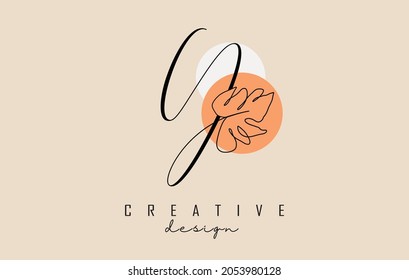Simple and elegant handwritten Y letter logo design with Monstera leaf one line frawing and two circles vector illustration. Creative and minimalist icon.