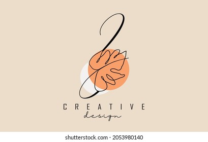 Simple and elegant handwritten Z letter logo design with Monstera leaf one line frawing and two circles vector illustration. Creative and minimalist icon.