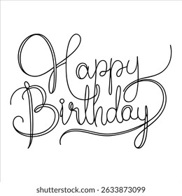 Simple and elegant happy birthday lettering drawn in a continuous line for use in modern celebration artwork party invitations minimalist decor and festive illustrations