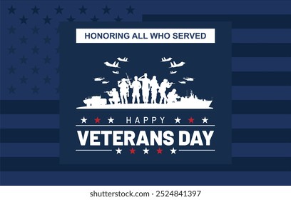 Simple Elegant Happy Veterans Day 2024 Design Concept on the Blue US Army Background. Vector Illustration