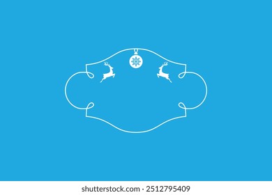 Einfaches und elegantes Urlaubsdesign mit zwei weißen Rentieren und einem Schneeflocken-Ornament, symmetrisch innerhalb eines fließenden, bandförmigen Randes angeordnet