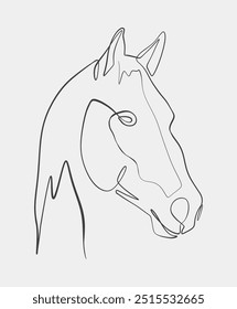 Um desenho de cabeça de cavalo simples e elegante em estilo de arte de linha minimalista, com linhas pretas limpas em um fundo branco.