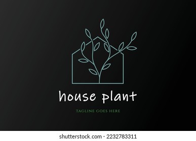 Simple Elegant House with Plant Leaf Line Style Logo Design