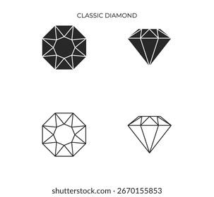 Un icono simple y elegante que muestra un diamante desde perspectivas verticales y laterales.