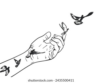 Simple and elegant illustration in black and white that shows a hand setting free some birds in the air.