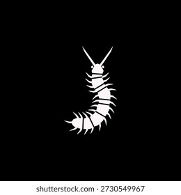 Ilustración sencilla y elegante de un ciempiés en blanco sobre fondo negro, perfecto para Diseño gráfico y proyectos creativos.