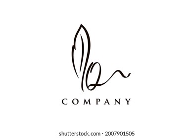 Diseño de logotipo de ilustración simple y elegante, firma Q inicial combinadas con plumilla de plumas.