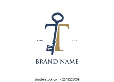 Simple and Elegant Illustration logo design Initial T Combine with Key.