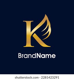 Simple and Elegant Illustration Logo Design Initial K combine with Wing. Gold color make your company look Luxury and the logo can work as well in small size.