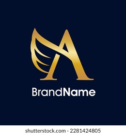 Simple and Elegant Illustration Logo Design Initial A combine with Wing. Gold color make your company look Luxury and the logo can work as well in small size.