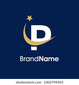 Diseño del logotipo de la Ilustración Sencilla Elegante Primer P con la estrella del swooshing en color oro. El logotipo puede utilizarse para cualquier sector y funcionar también en pequeñas dimensiones.